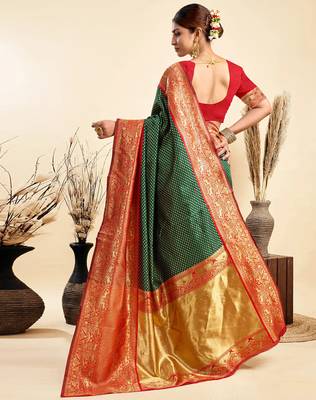 green silk blend banarasi saree with blouse  2