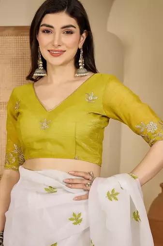 Women's white chiffon embroidered saree with unstitched blouse piece