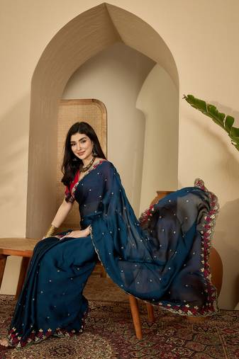 Women's teal  chiffon embroidered saree with unstitched blouse piece