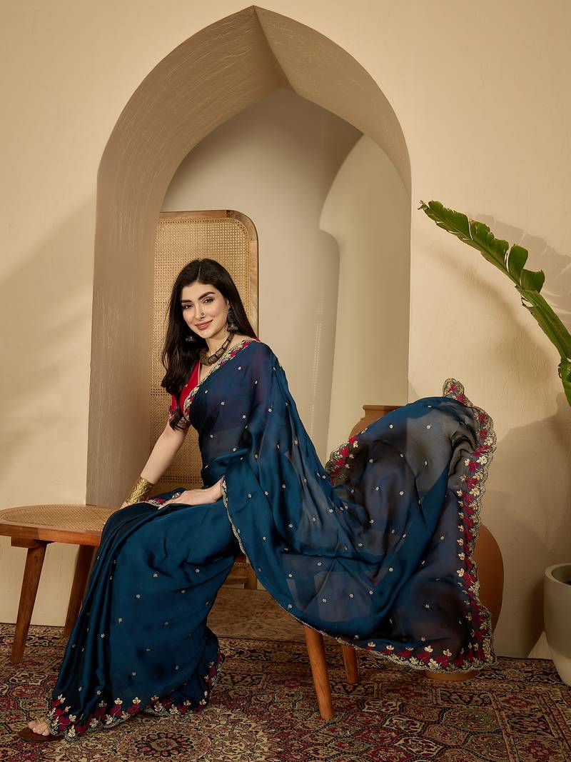 Women's teal  chiffon embroidered saree with unstitched blouse piece