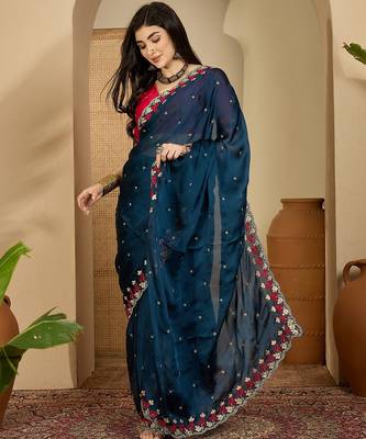 Women's teal chiffon embroidered saree with unstitched blouse piece 2