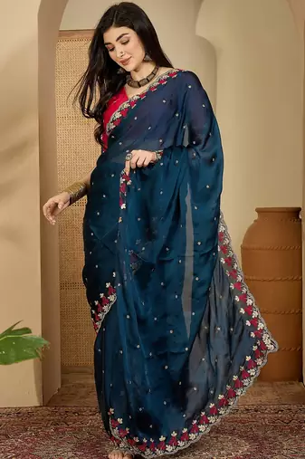 Women's teal chiffon embroidered saree with unstitched blouse piece