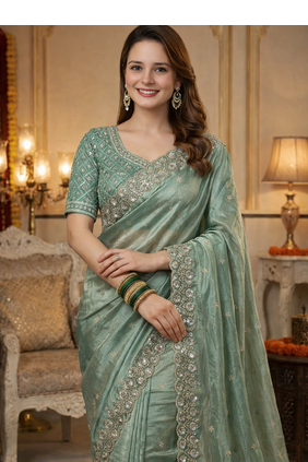 Sea Green Color Fancy Designer Satin Silk Saree 1