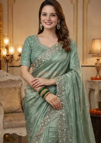 Sea Green Color Fancy Designer Satin Silk Saree