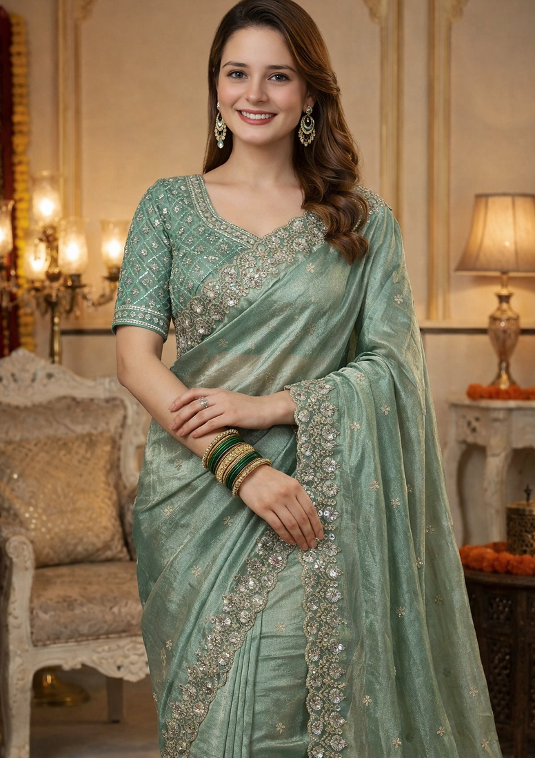 Sea Green Color Fancy Designer Satin Silk Saree