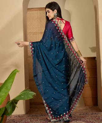 Women's teal chiffon embroidered saree with unstitched blouse piece 3