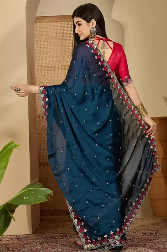 Women's teal chiffon embroidered saree with unstitched blouse piece