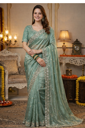Sea Green Color Fancy Designer Satin Silk Saree 2