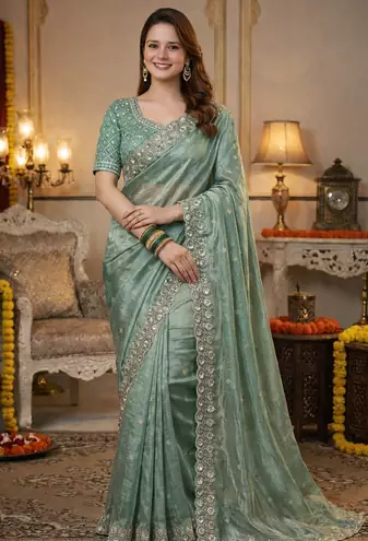 Sea Green Color Fancy Designer Satin Silk Saree