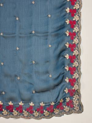 Women's teal chiffon embroidered saree with unstitched blouse piece 5