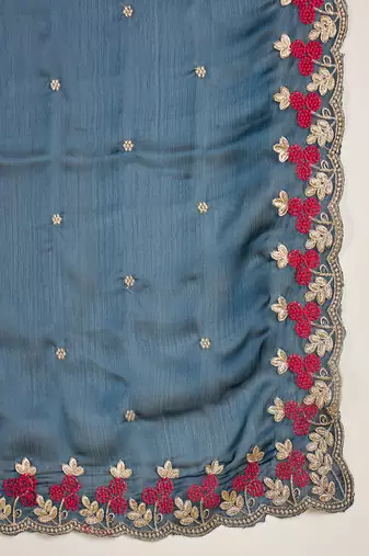 Women's teal chiffon embroidered saree with unstitched blouse piece