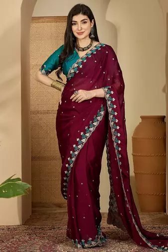 Women's wine chiffon embroidered saree with unstitched blouse piece