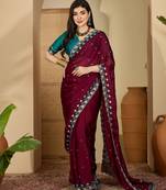 Women's wine chiffon embroidered saree with unstitched blouse piece