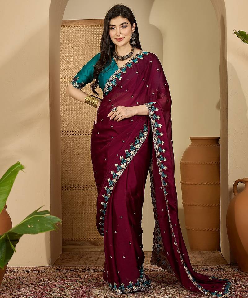 Women's wine chiffon embroidered saree with unstitched blouse piece