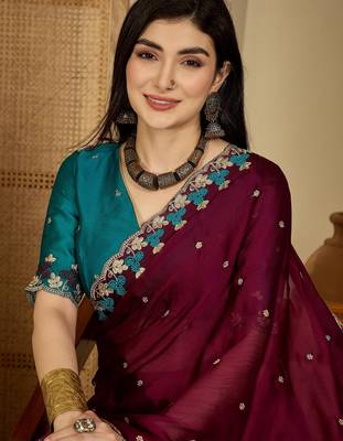 Women's wine chiffon embroidered saree with unstitched blouse piece 2