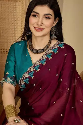 Women's wine chiffon embroidered saree with unstitched blouse piece