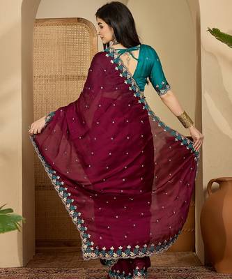 Women's wine chiffon embroidered saree with unstitched blouse piece 3