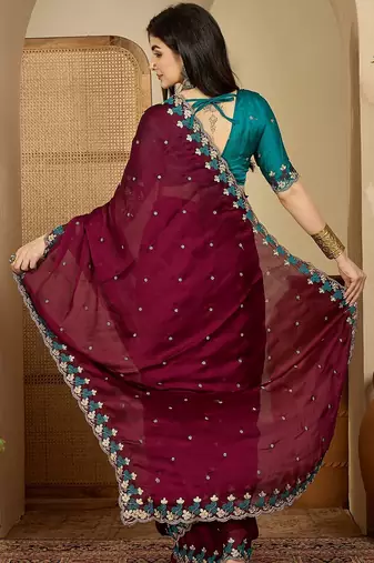 Women's wine chiffon embroidered saree with unstitched blouse piece