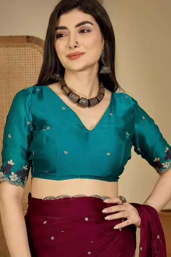 Women's wine chiffon embroidered saree with unstitched blouse piece