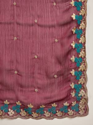 Women's wine chiffon embroidered saree with unstitched blouse piece 5