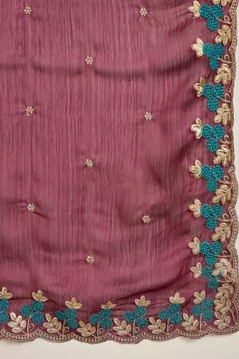 Women's wine chiffon embroidered saree with unstitched blouse piece