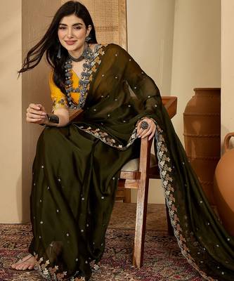 Women's olive chiffon embroidered saree with unstitched blouse piece 1