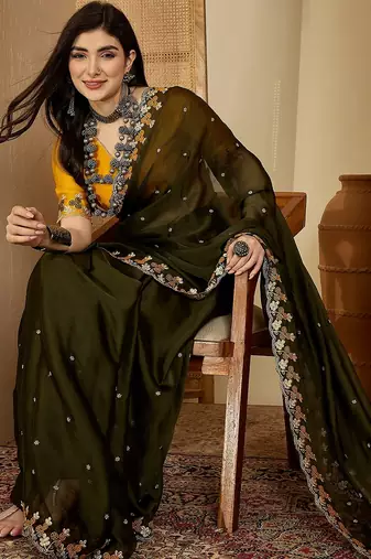 Women's olive chiffon embroidered saree with unstitched blouse piece
