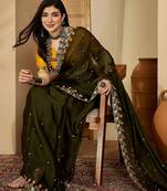 Women's olive chiffon embroidered saree with unstitched blouse piece