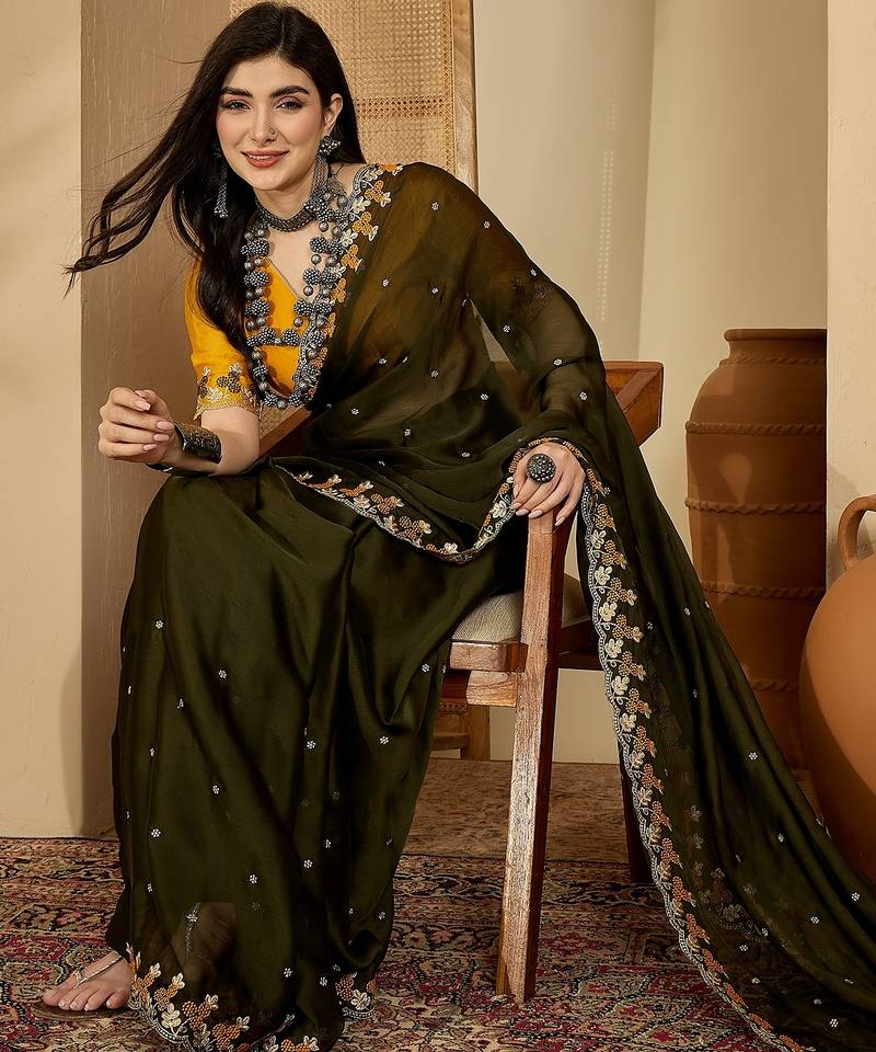Women's olive chiffon embroidered saree with unstitched blouse piece