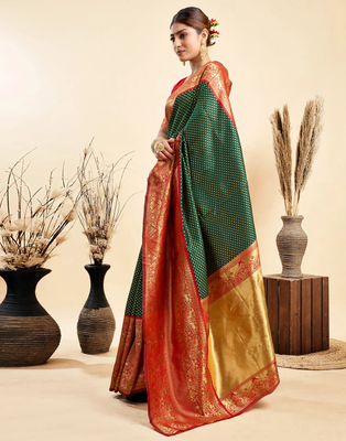green silk blend banarasi saree with blouse  3