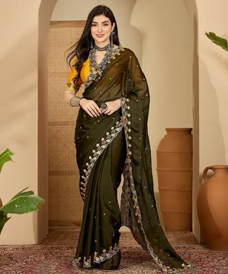 Women's olive chiffon embroidered saree with unstitched blouse piece 2