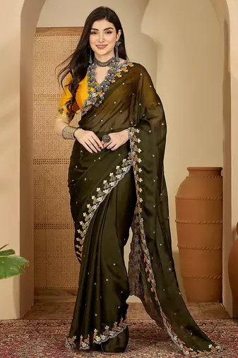 Women's olive chiffon embroidered saree with unstitched blouse piece