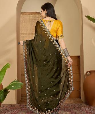 Women's olive chiffon embroidered saree with unstitched blouse piece 3