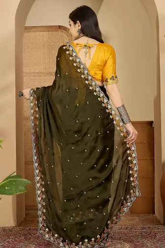 Women's olive chiffon embroidered saree with unstitched blouse piece