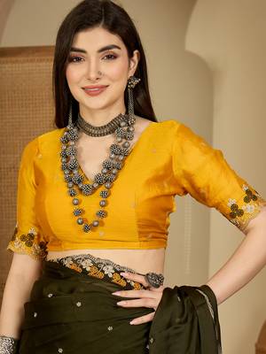 Women's olive chiffon embroidered saree with unstitched blouse piece 4