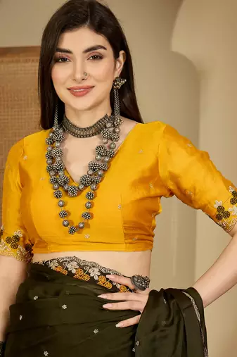 Women's olive chiffon embroidered saree with unstitched blouse piece