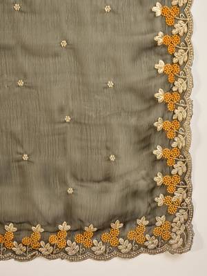 Women's olive chiffon embroidered saree with unstitched blouse piece 5