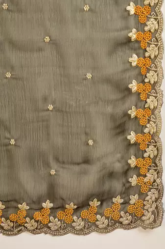 Women's olive chiffon embroidered saree with unstitched blouse piece