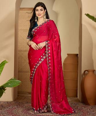 Women's magenta chiffon embroidered saree with unstitched blouse piece 1