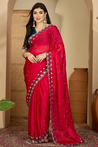 Women's magenta chiffon embroidered saree with unstitched blouse piece