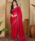 Women's magenta chiffon embroidered saree with unstitched blouse piece