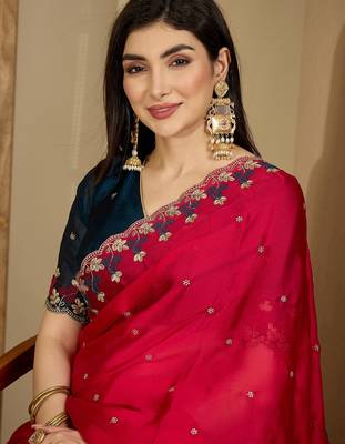 Women's magenta chiffon embroidered saree with unstitched blouse piece 2