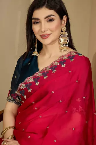 Women's magenta chiffon embroidered saree with unstitched blouse piece