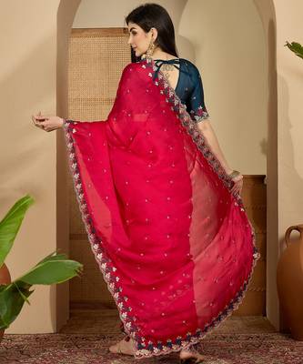 Women's magenta chiffon embroidered saree with unstitched blouse piece 3