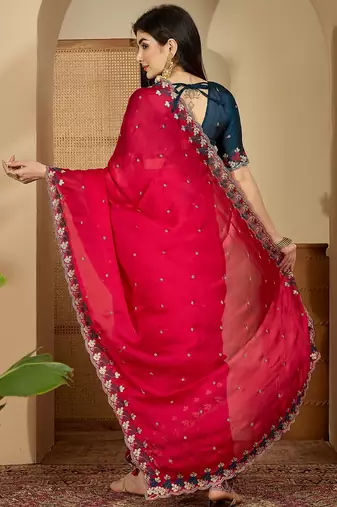 Women's magenta chiffon embroidered saree with unstitched blouse piece