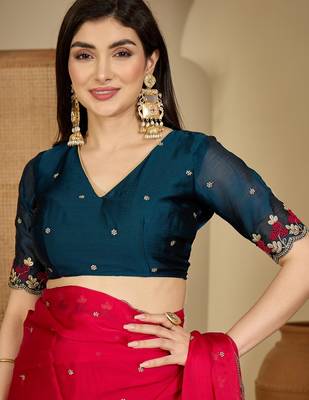 Women's magenta chiffon embroidered saree with unstitched blouse piece 4