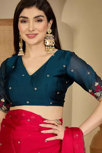 Women's magenta chiffon embroidered saree with unstitched blouse piece