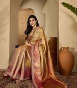 women's gold silk blend blend zari saree with unstitched blouse piece