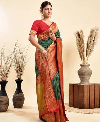 green silk blend banarasi saree with blouse  4