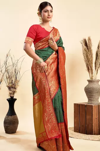 green silk blend banarasi saree with blouse 